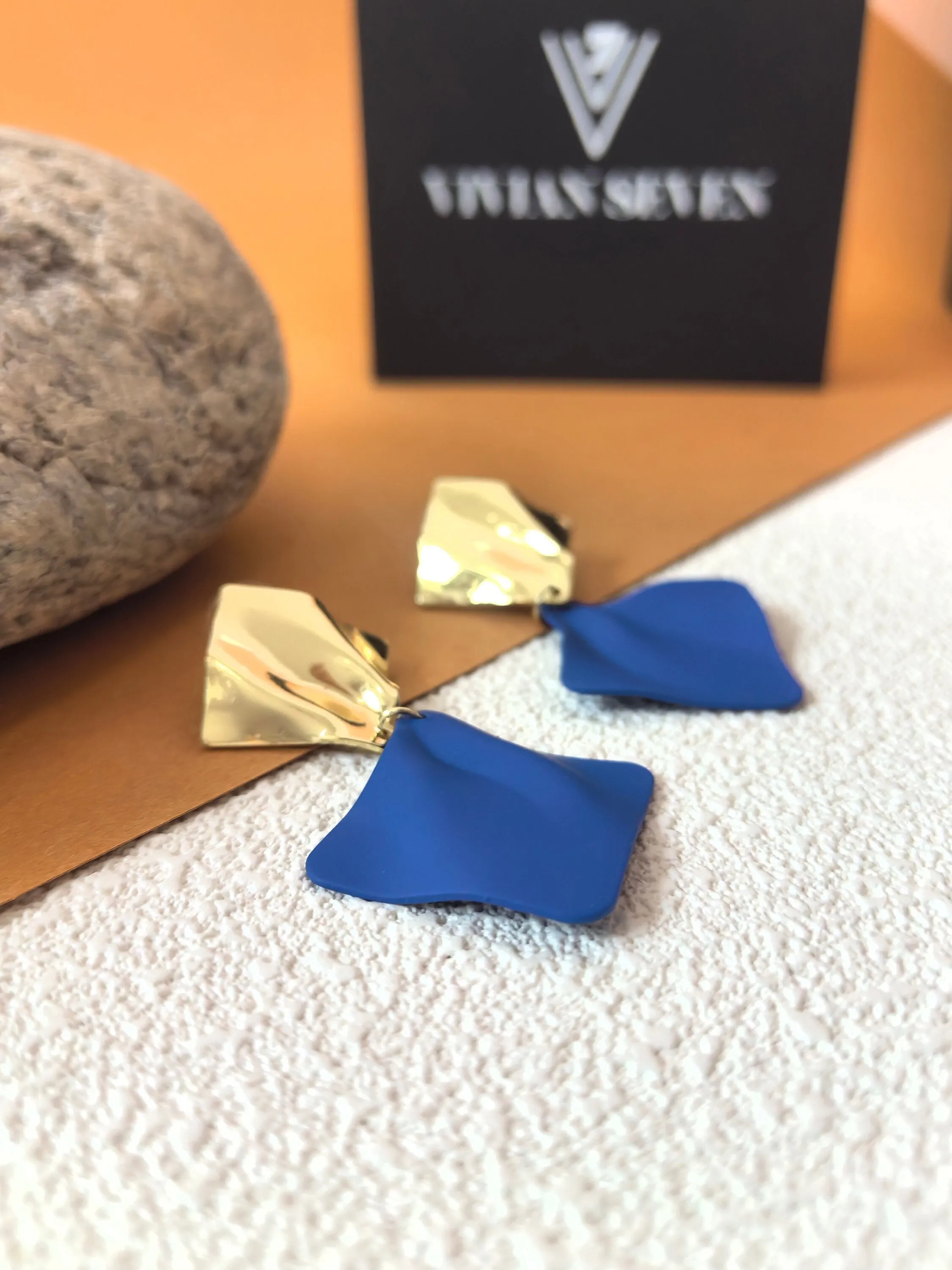 Geometric Gold Blue Two Tone Metal Square Wavy Crumpled Drop Statement Earrings