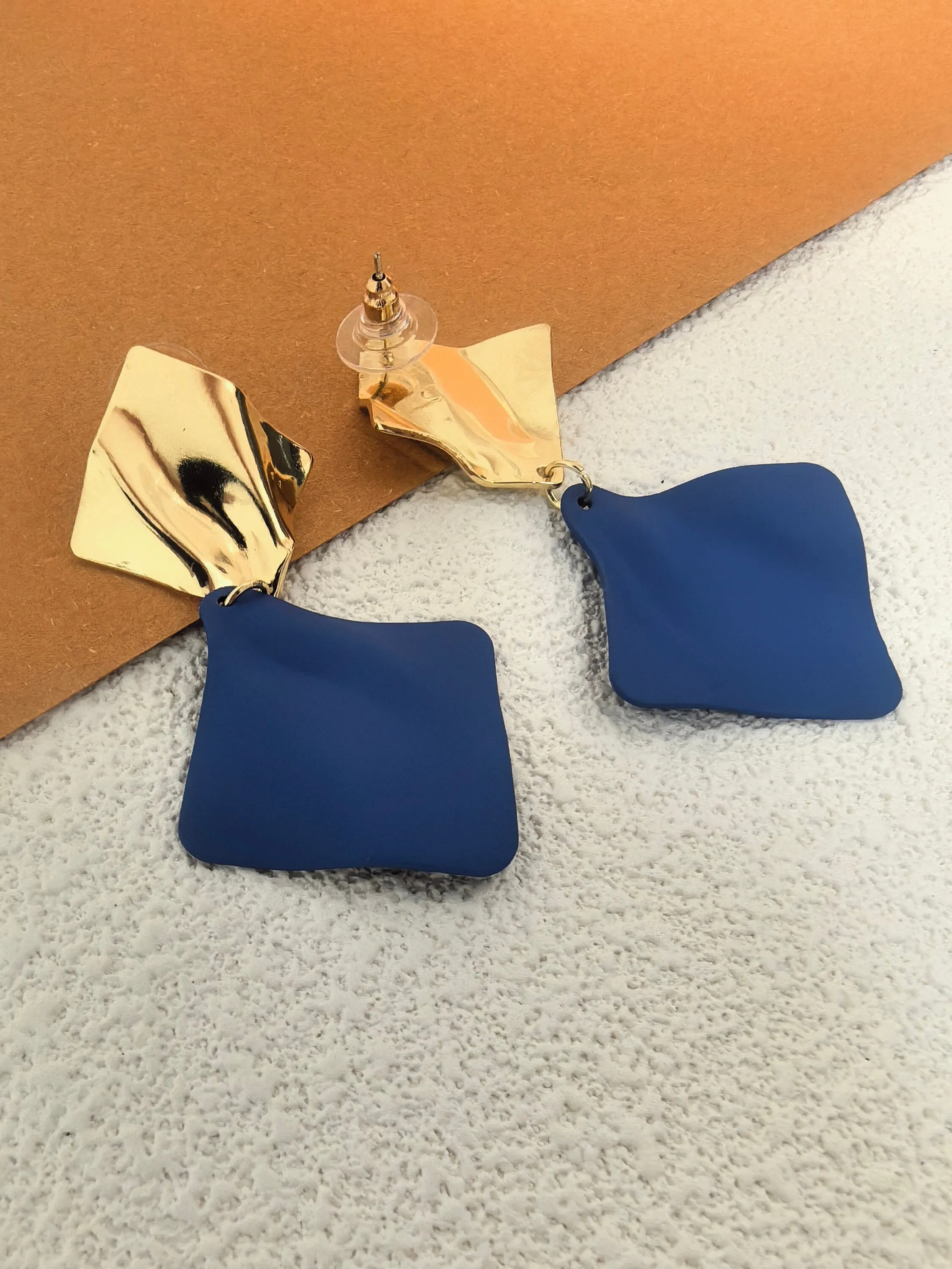 Geometric Gold Blue Two Tone Metal Square Wavy Crumpled Drop Statement Earrings