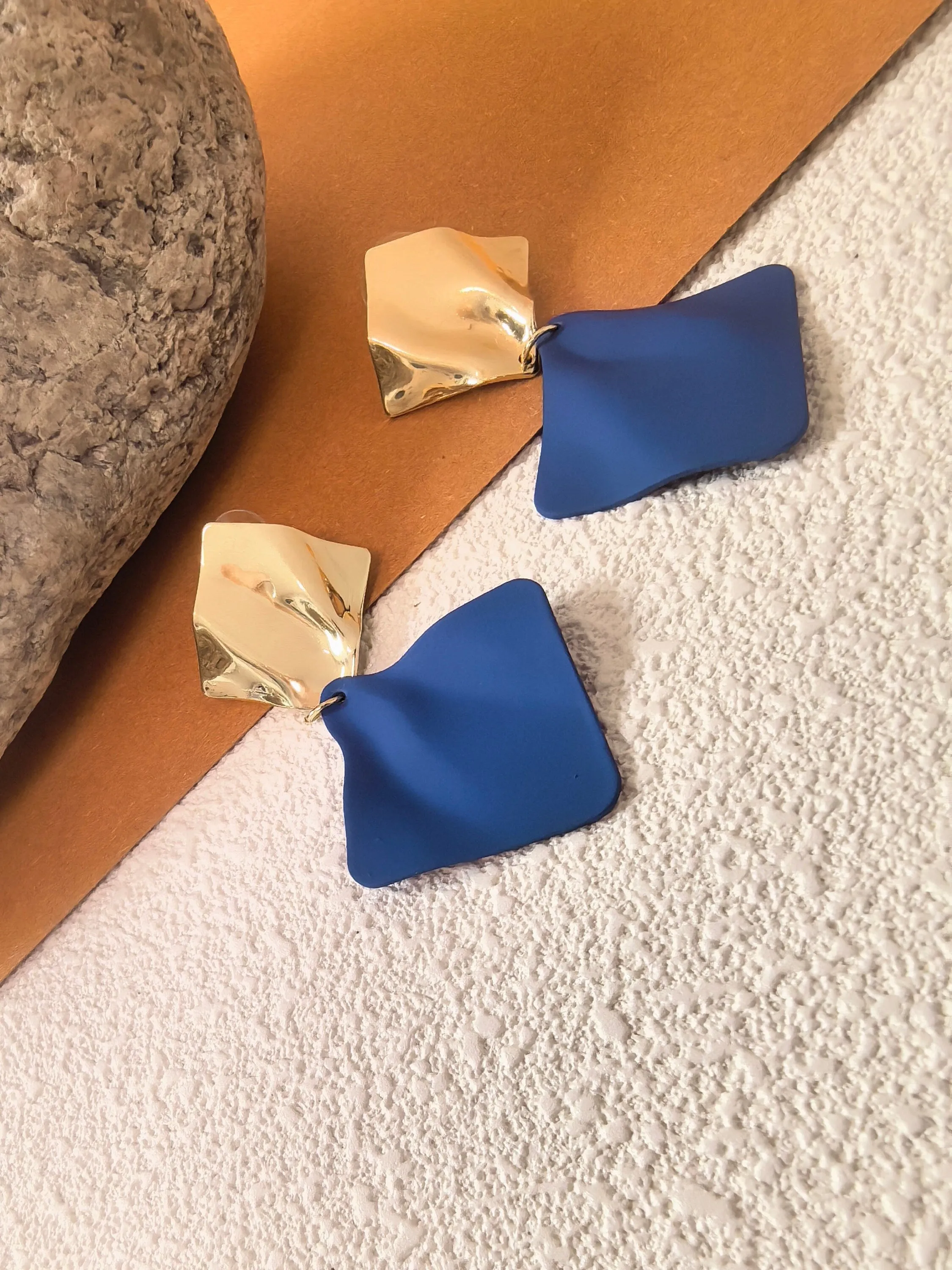 Geometric Gold Blue Two Tone Metal Square Wavy Crumpled Drop Statement Earrings