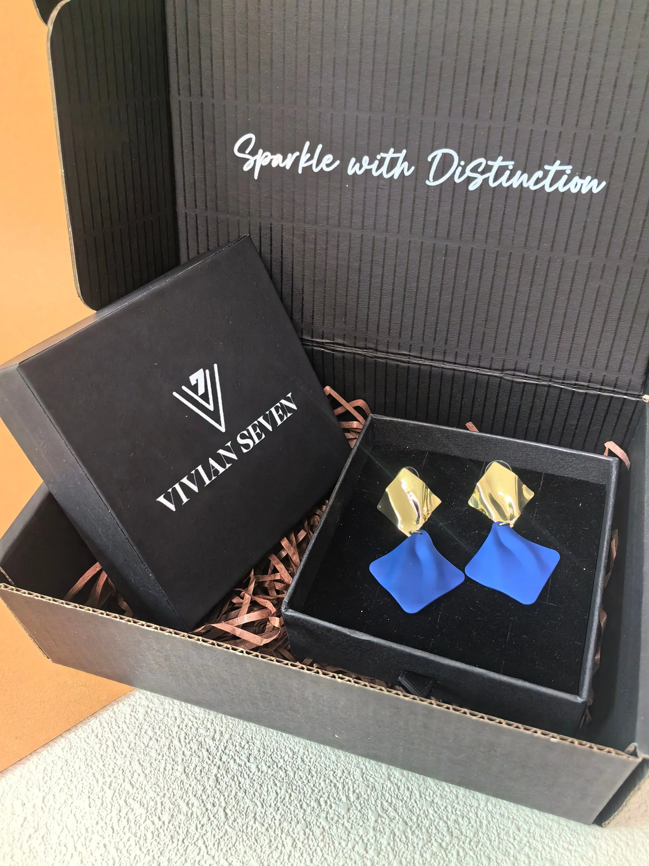 Geometric Gold Blue Two Tone Metal Square Wavy Crumpled Drop Statement Earrings