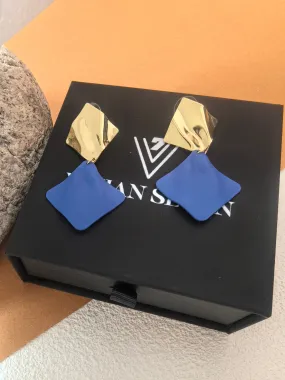Geometric Gold Blue Two Tone Metal Square Wavy Crumpled Drop Statement Earrings