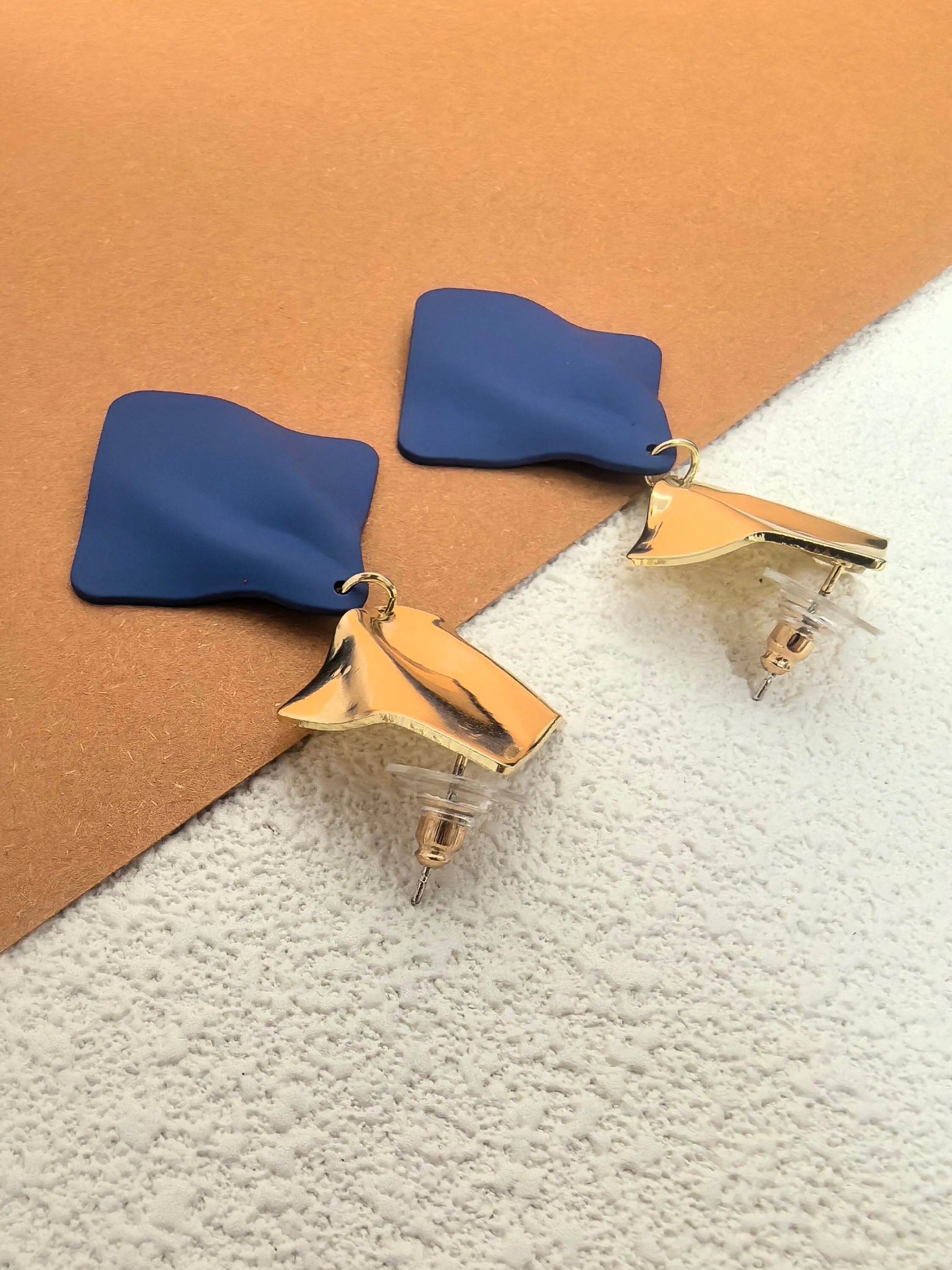 Geometric Gold Blue Two Tone Metal Square Wavy Crumpled Drop Statement Earrings