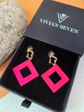 Gold Crinkle Fuchsia Acrylic Geometric Square Drop Statement Earrings