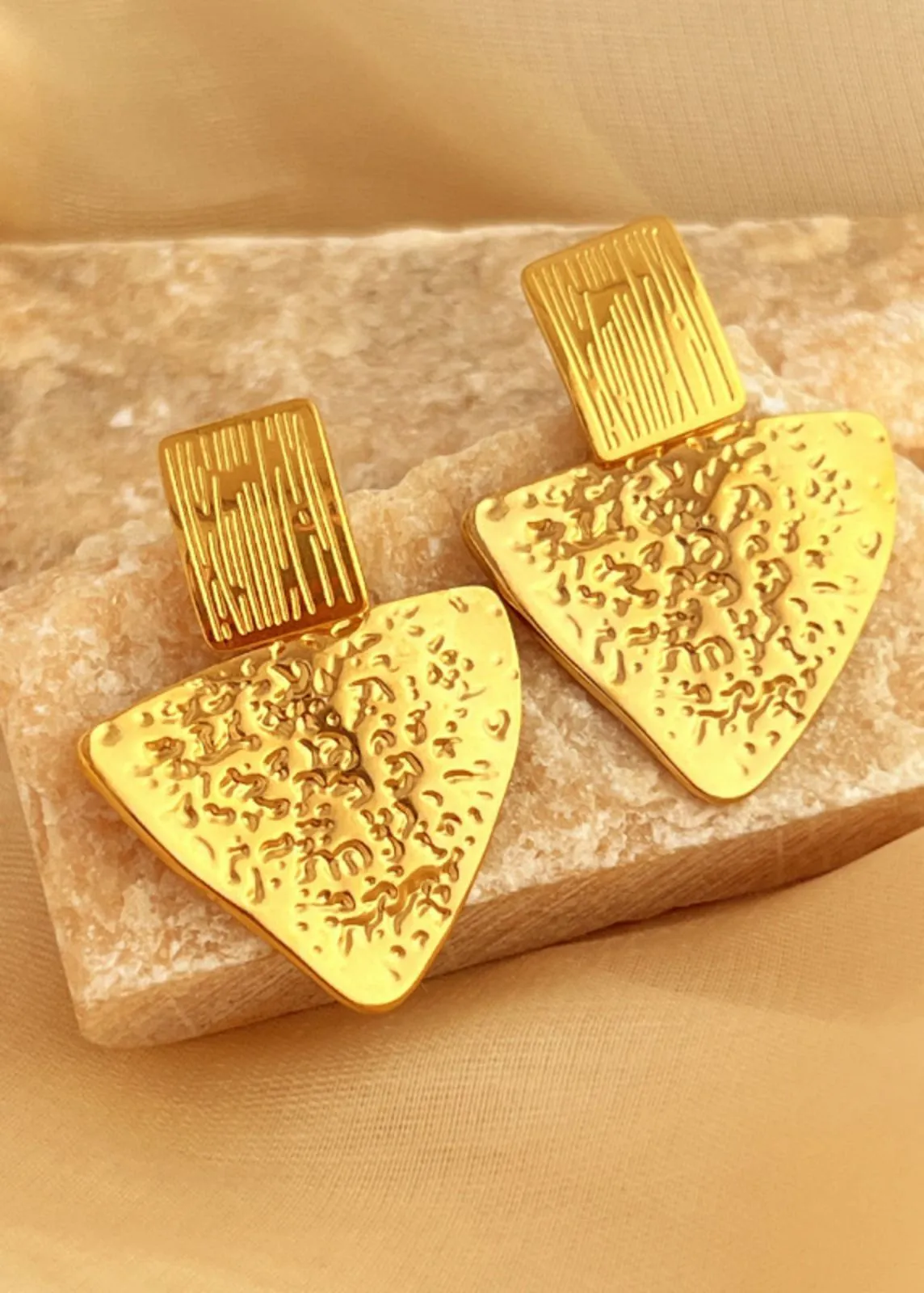 Gold Hammered Triangular Drop Earrings