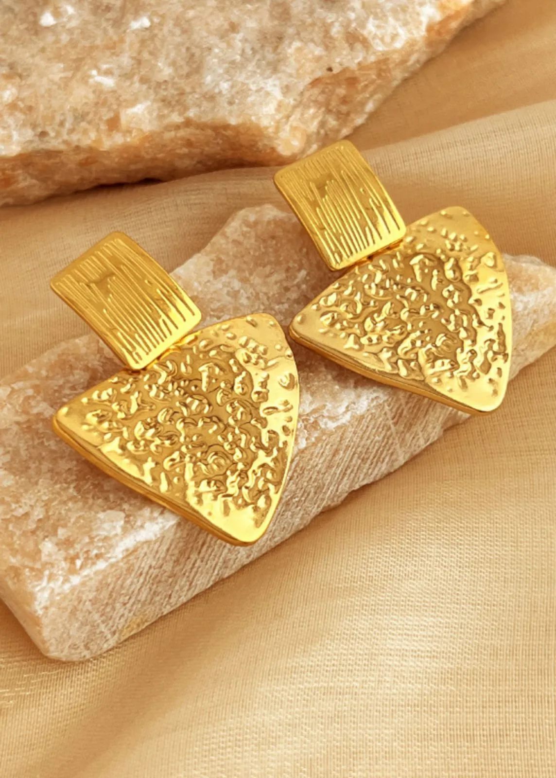 Gold Hammered Triangular Drop Earrings