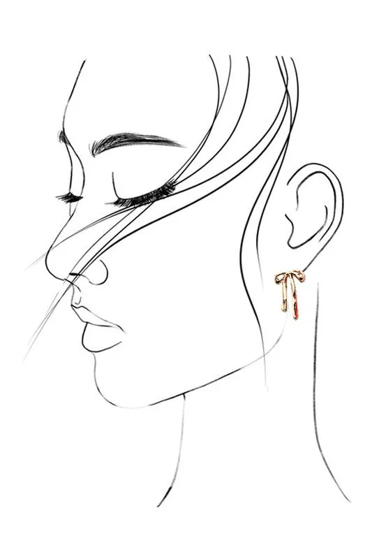 Gold Long Ribbon Bow Stud Earrings