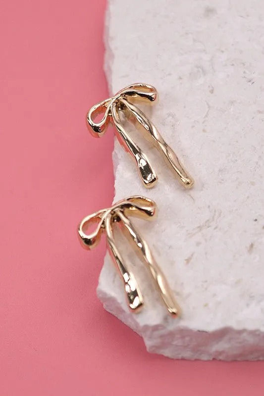 Gold Long Ribbon Bow Stud Earrings