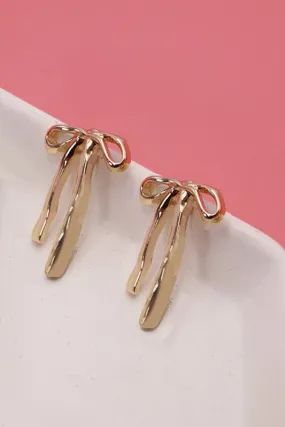 Gold Long Ribbon Bow Stud Earrings