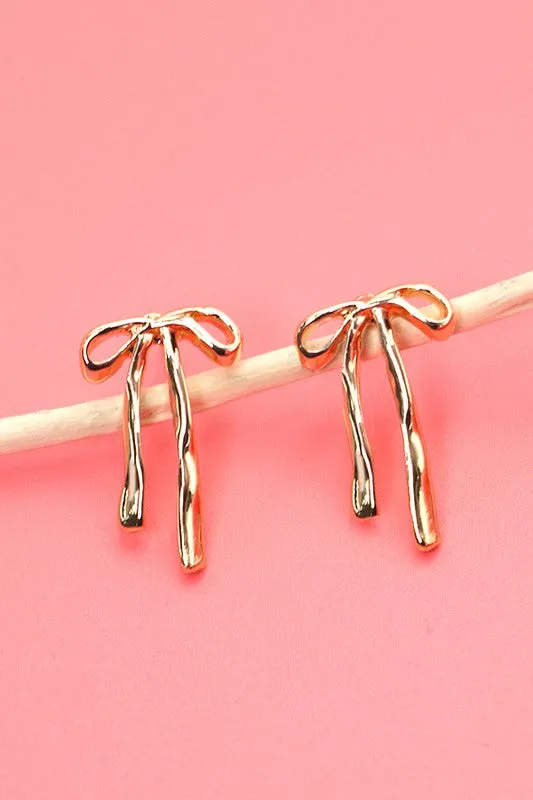 Gold Long Ribbon Bow Stud Earrings