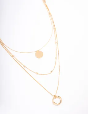 Gold Organic Circle Disc Triple Row Necklace
