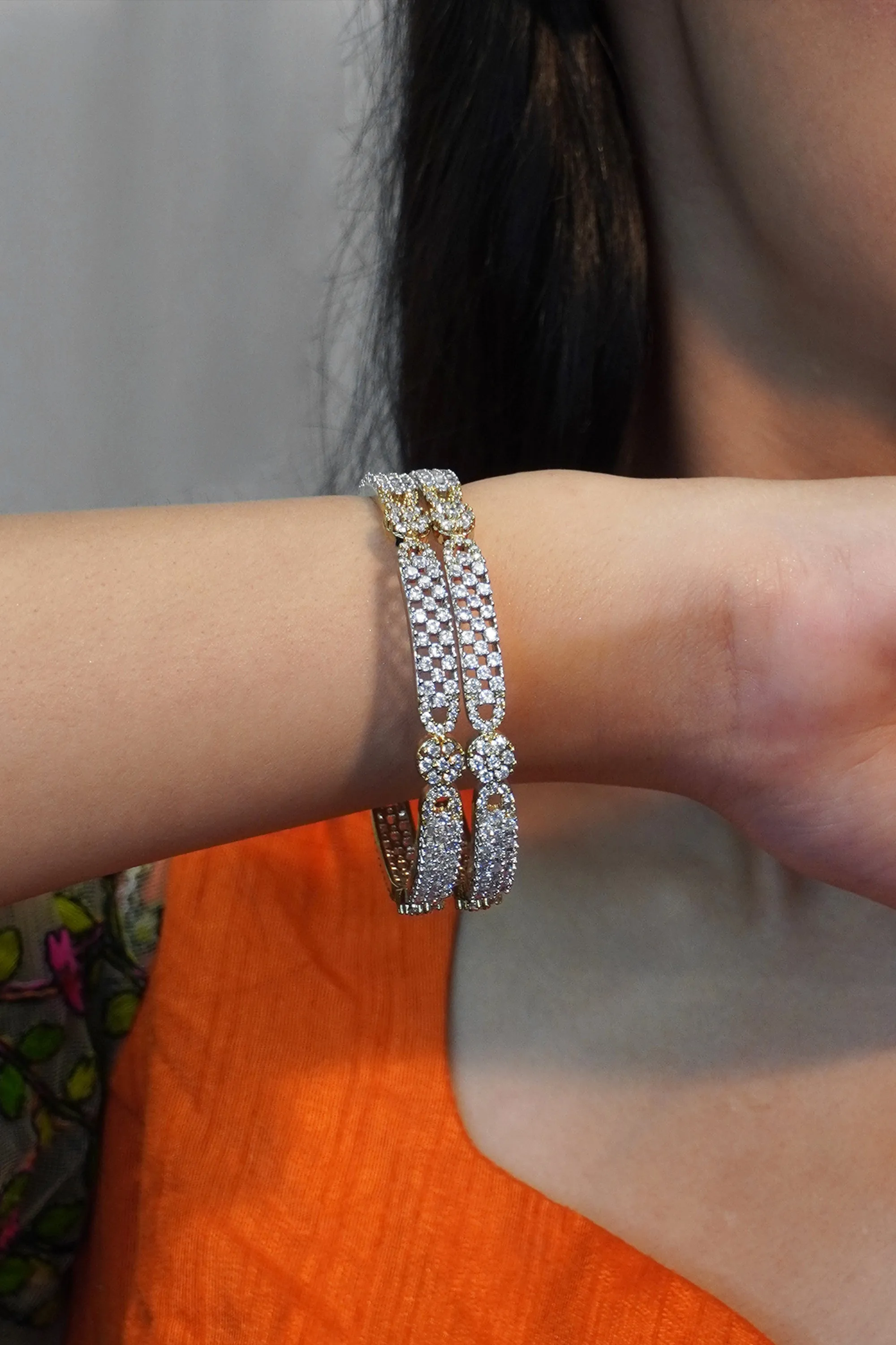 Gold Plated Flower Design CZ Bangles For Women (Set of 2)