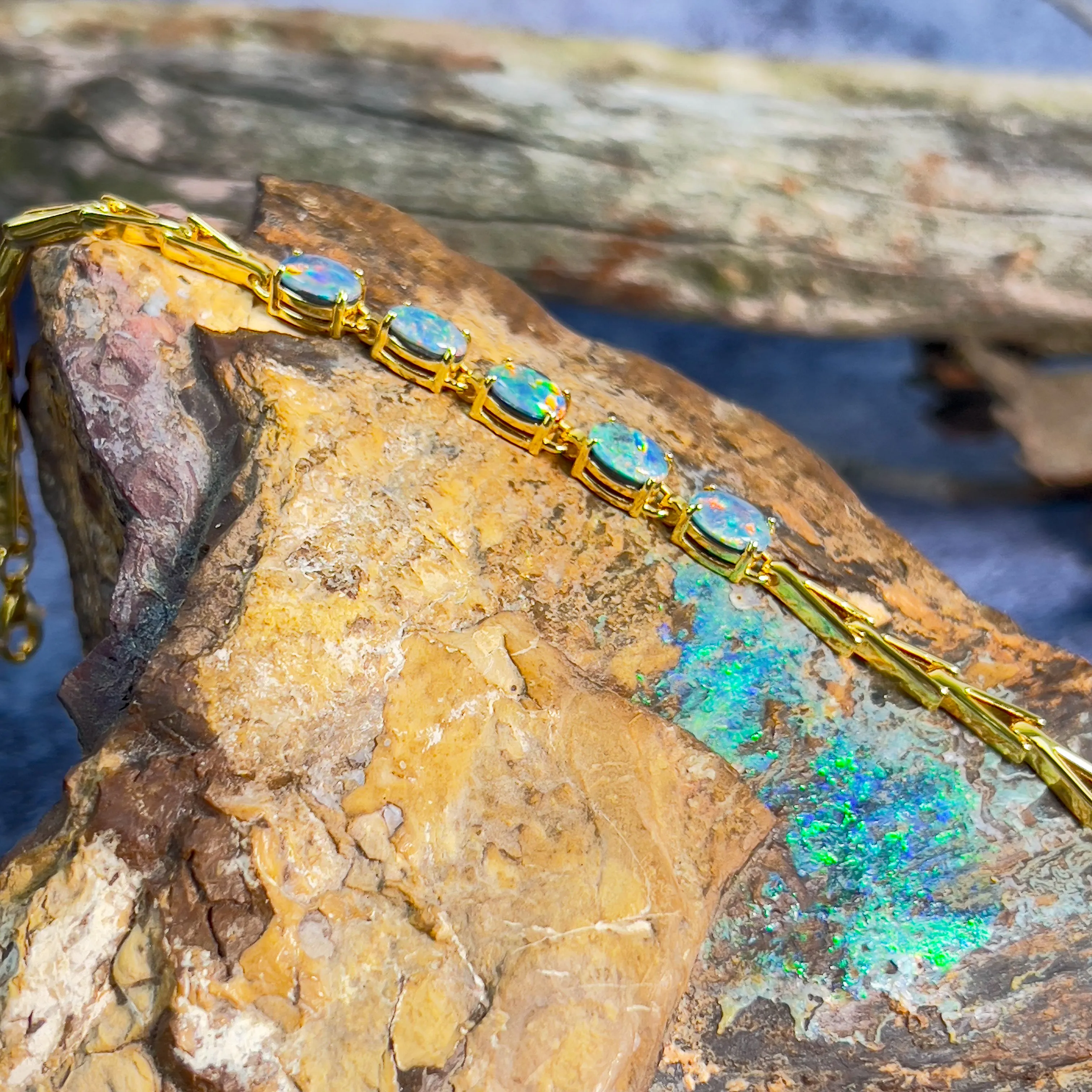 Gold Plated Sterling Silver Opal triplet 7x5mm triangular link shape bracelet