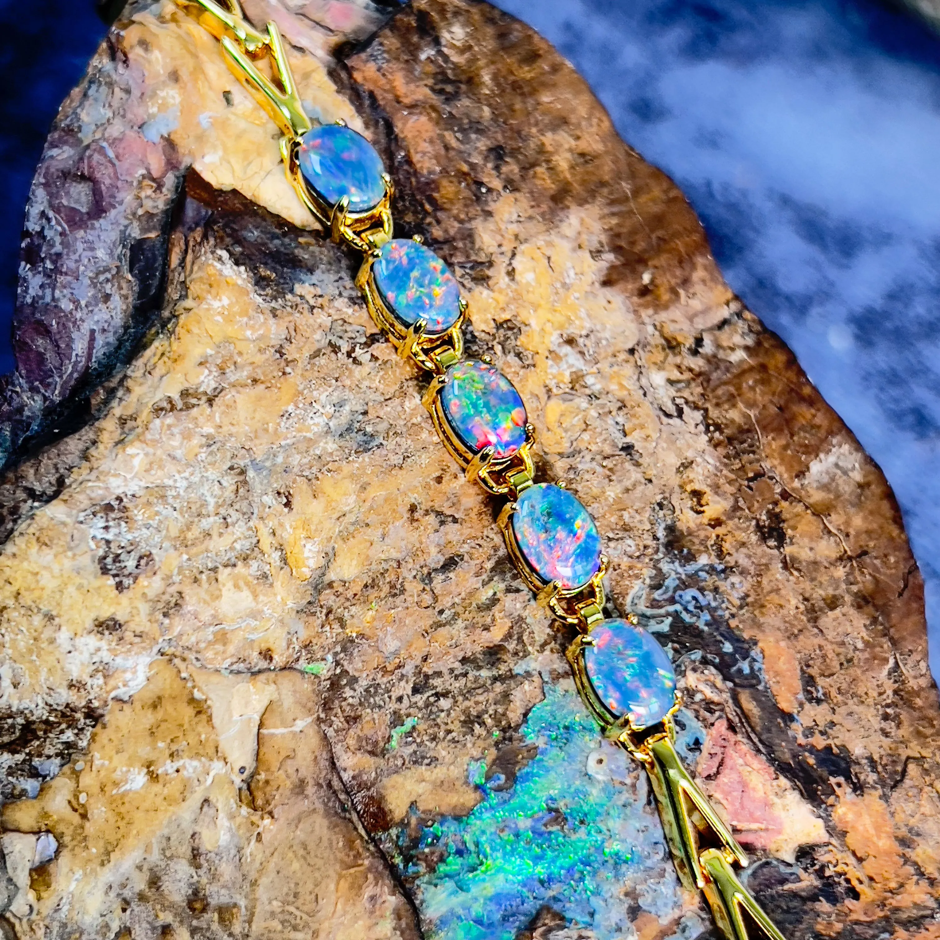Gold Plated Sterling Silver Opal triplet 7x5mm triangular link shape bracelet