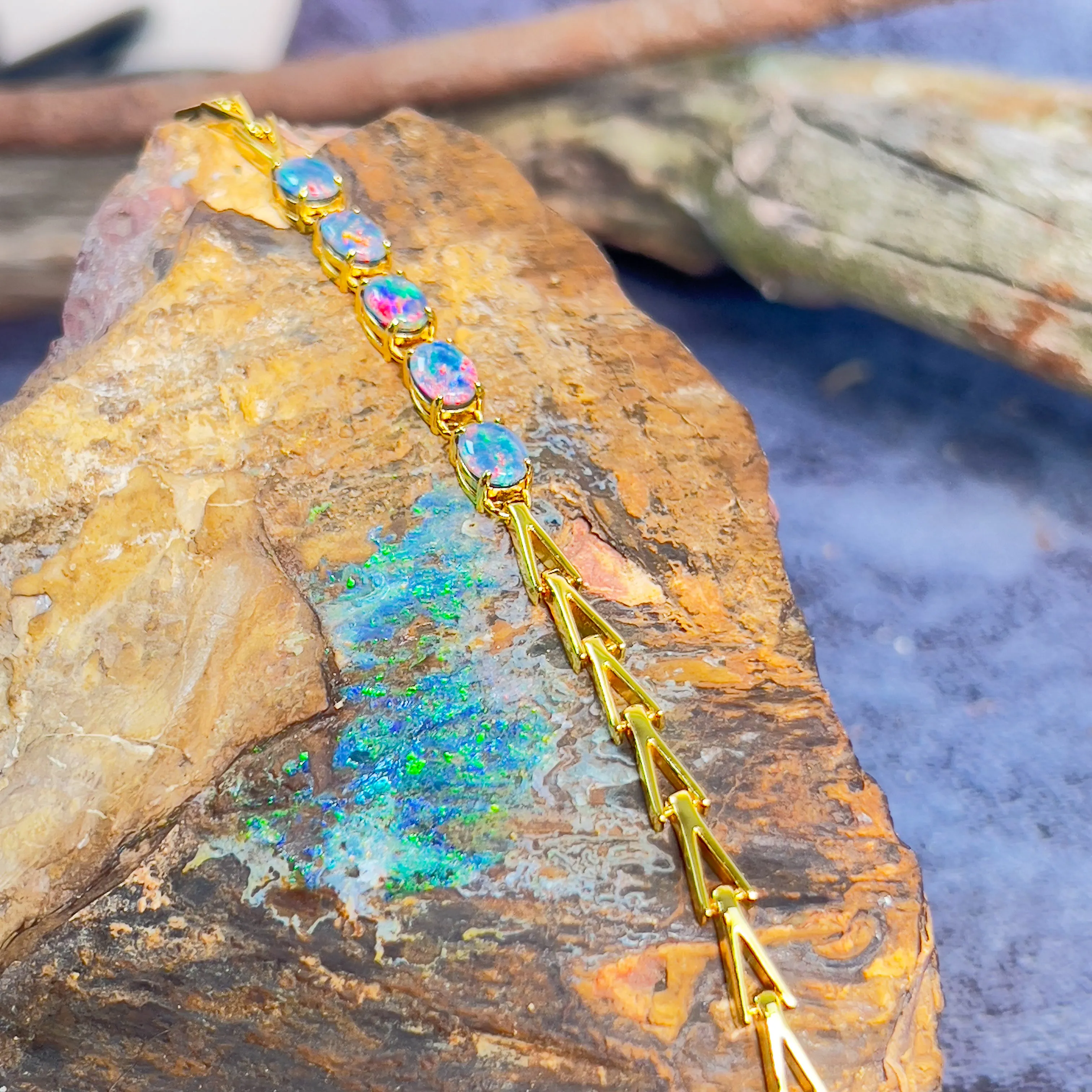 Gold Plated Sterling Silver Opal triplet 7x5mm triangular link shape bracelet