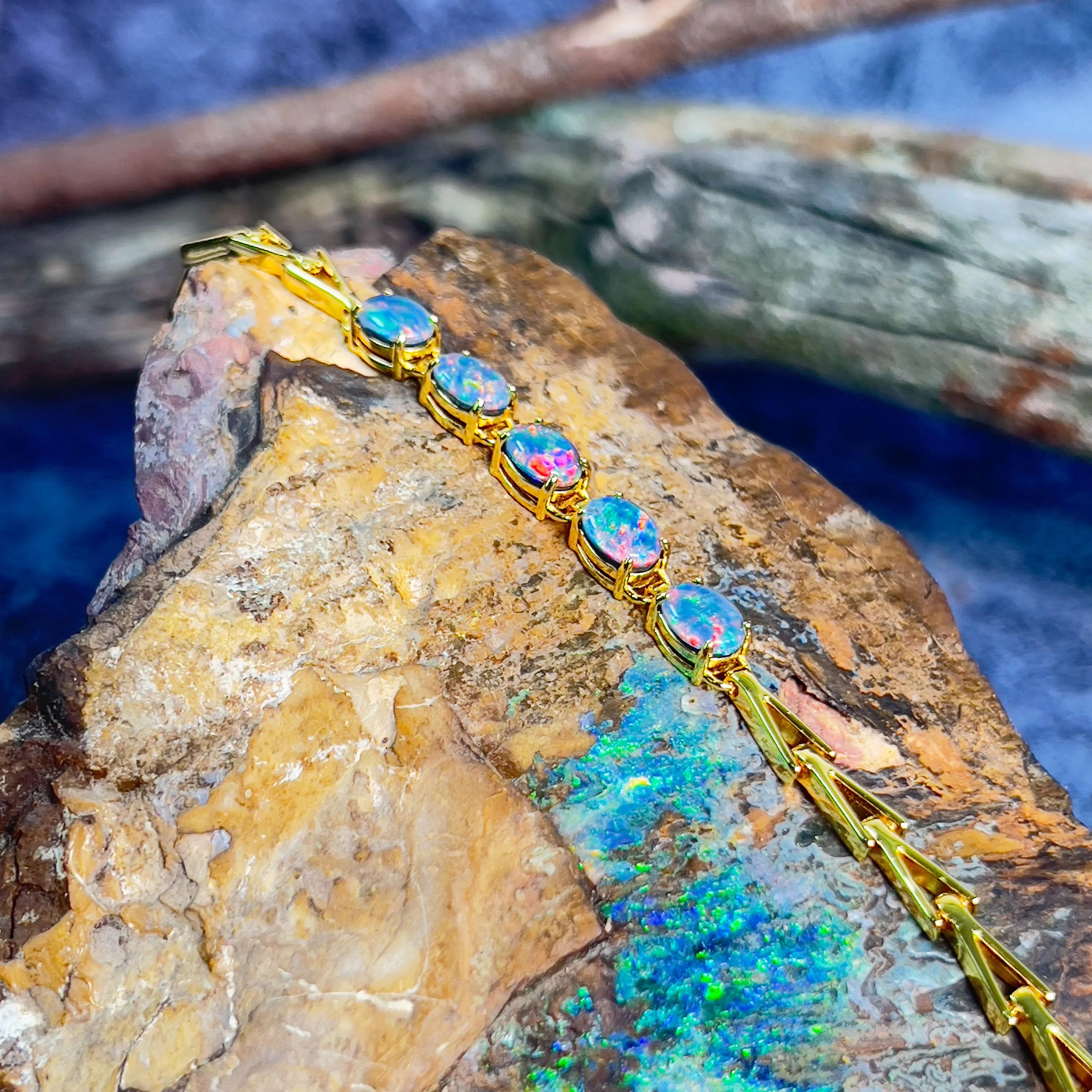 Gold Plated Sterling Silver Opal triplet 7x5mm triangular link shape bracelet