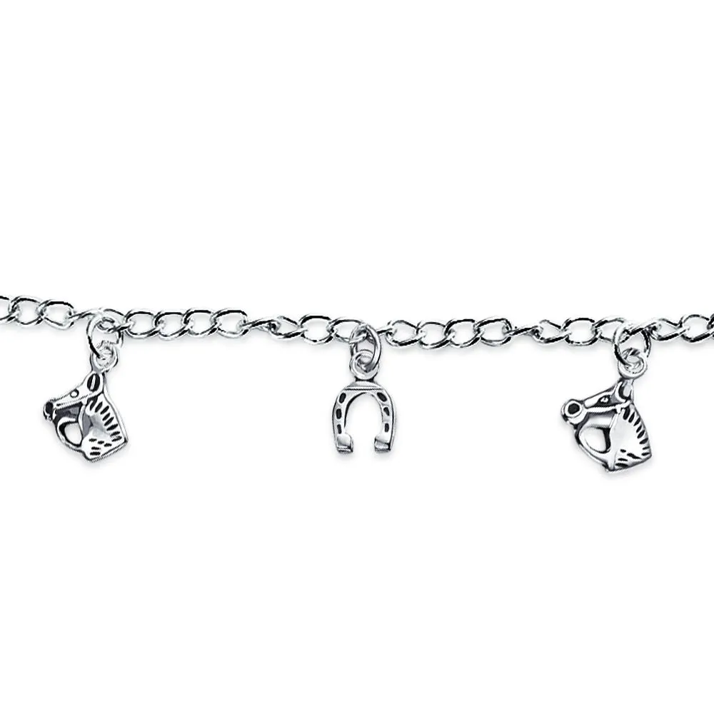 Good Luck Horseshoe Horses Charm Bracelet Pave CZ .925 Sterling Silver