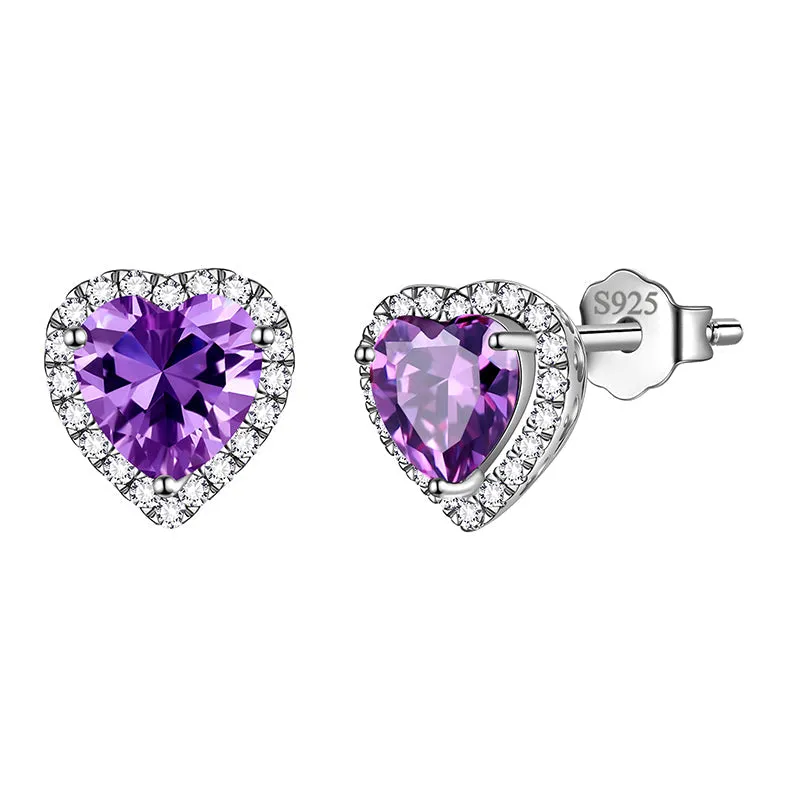 Heart Earrings Women Girls Crystal Birthstone Earrings Stud Jewelry Birthday Gifts Sterling Silver