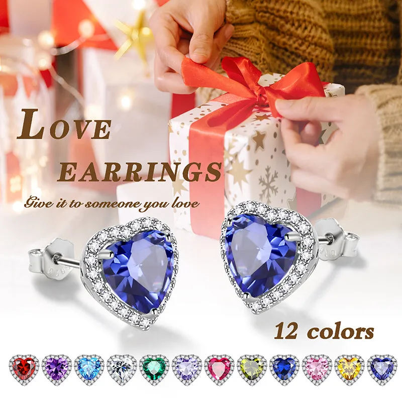 Heart Earrings Women Girls Crystal Birthstone Earrings Stud Jewelry Birthday Gifts Sterling Silver