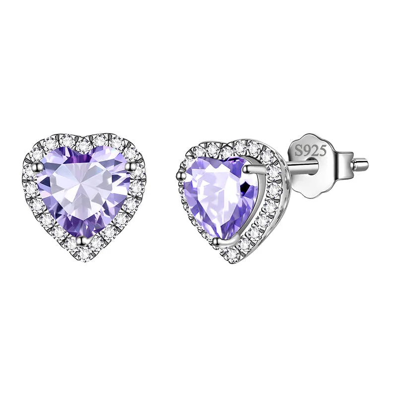 Heart Earrings Women Girls Crystal Birthstone Earrings Stud Jewelry Birthday Gifts Sterling Silver