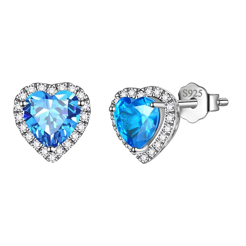 Heart Earrings Women Girls Crystal Birthstone Earrings Stud Jewelry Birthday Gifts Sterling Silver