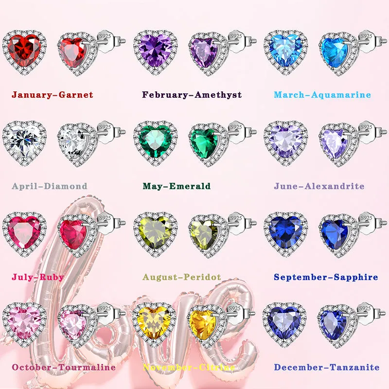 Heart Earrings Women Girls Crystal Birthstone Earrings Stud Jewelry Birthday Gifts Sterling Silver