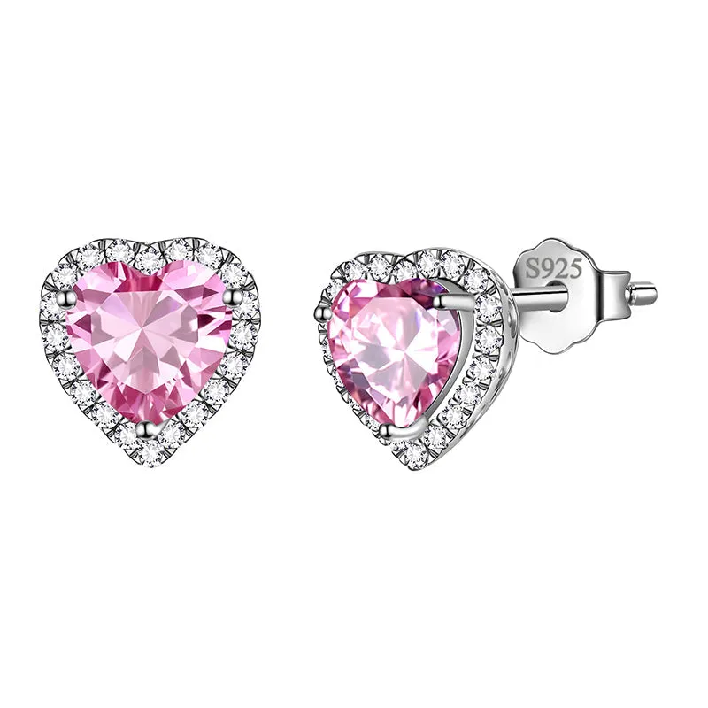 Heart Earrings Women Girls Crystal Birthstone Earrings Stud Jewelry Birthday Gifts Sterling Silver