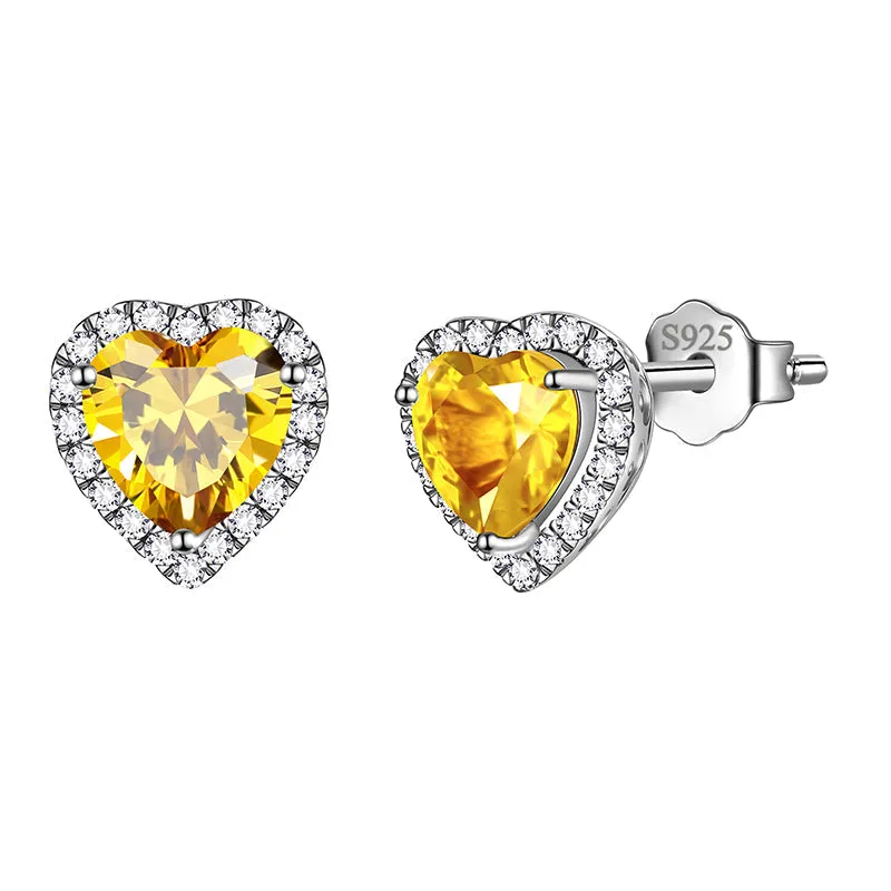 Heart Earrings Women Girls Crystal Birthstone Earrings Stud Jewelry Birthday Gifts Sterling Silver
