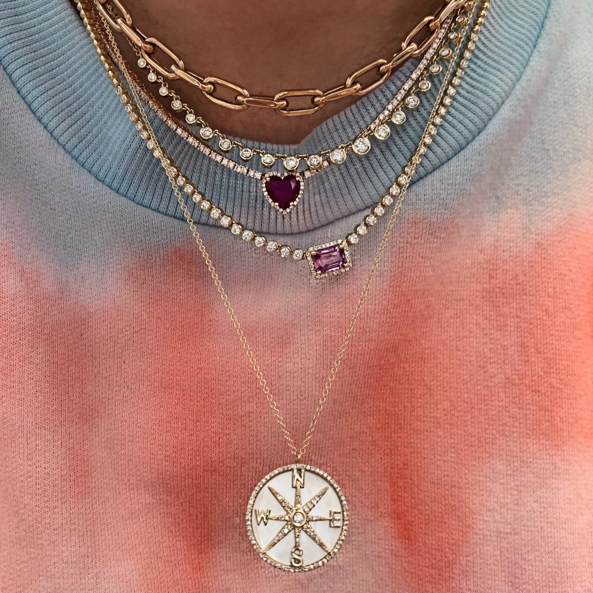 Heart Shaped Ruby on Half Diamond Tennis Necklace