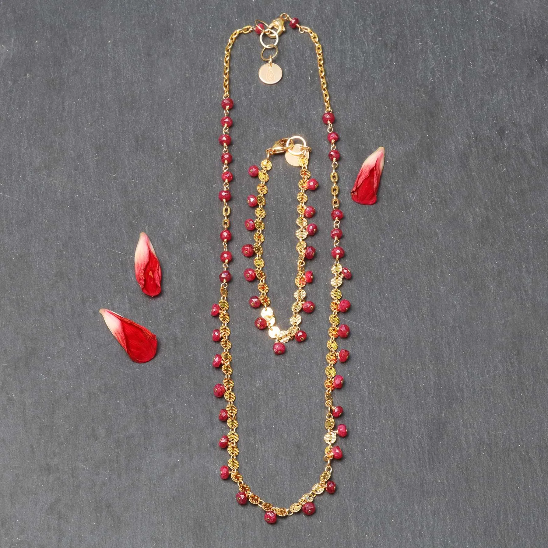 Hibiscus and Honeysuckle - Ruby Gold Necklace