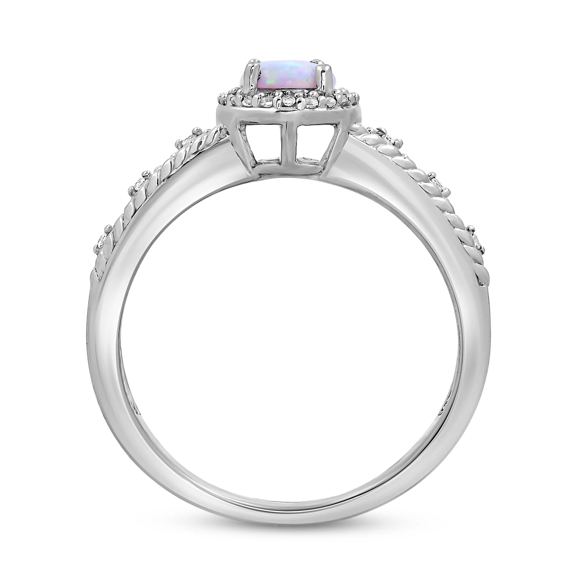 Jewelili Sterling Silver Oval Created Opal and Round Created White Sapphire Rope Texture Ring