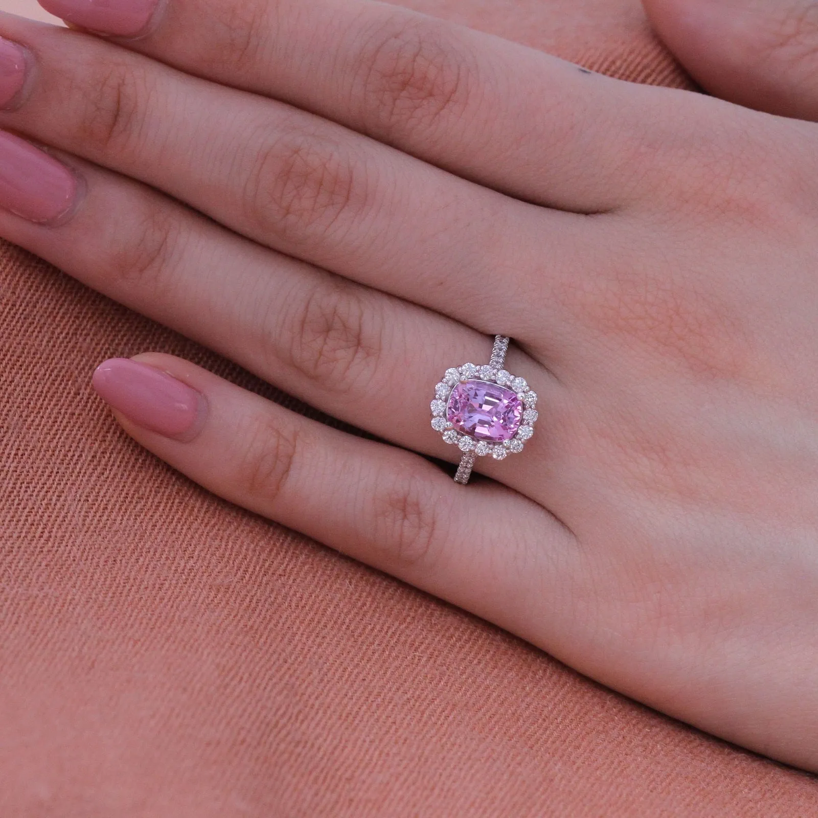 Large Cushion Natural Pink Sapphire Ring in 18k White Gold Halo Diamond, Size 6.25