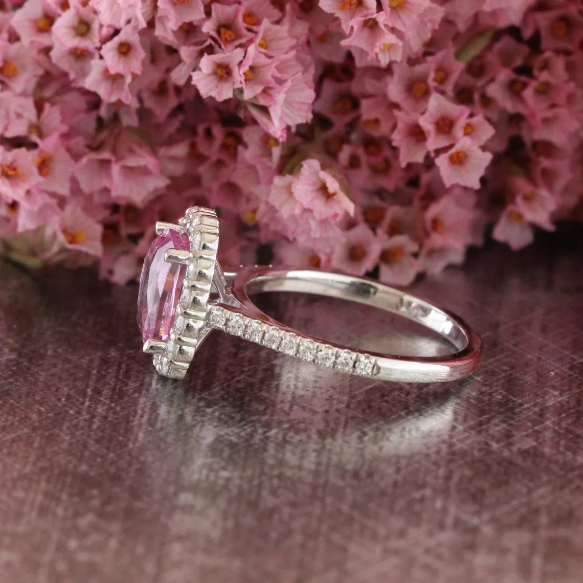 Large Cushion Natural Pink Sapphire Ring in 18k White Gold Halo Diamond, Size 6.25