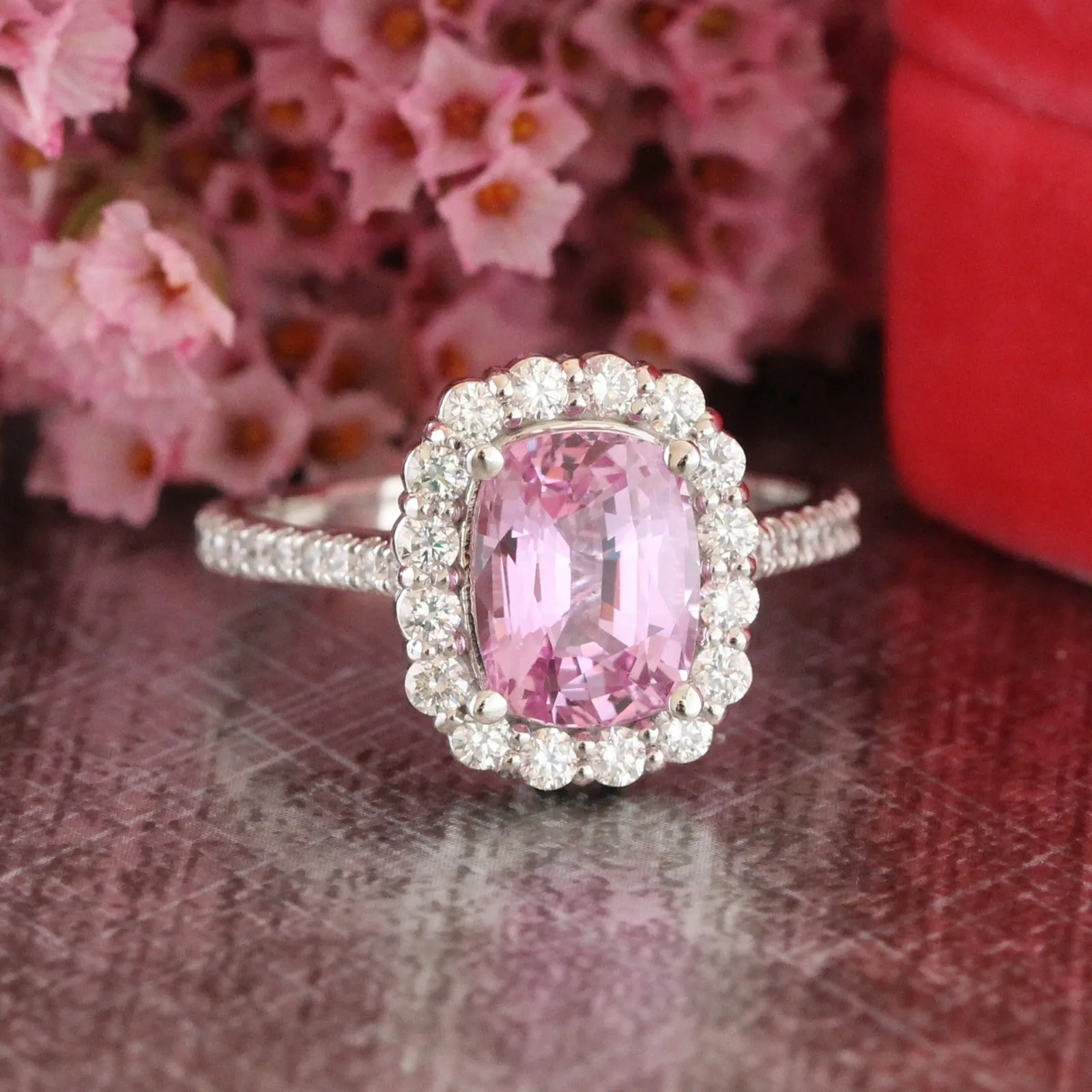 Large Cushion Natural Pink Sapphire Ring in 18k White Gold Halo Diamond, Size 6.25