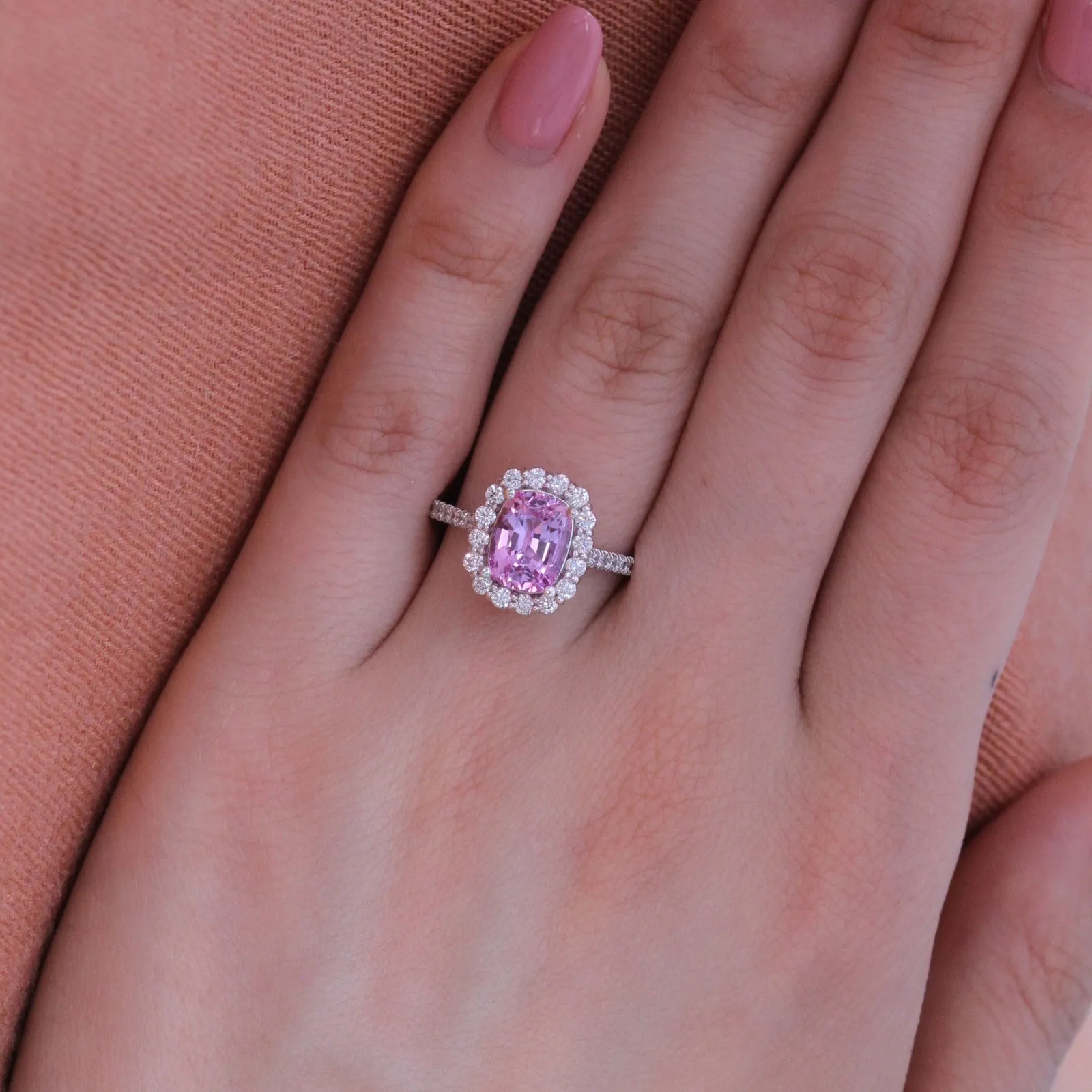 Large Cushion Natural Pink Sapphire Ring in 18k White Gold Halo Diamond, Size 6.25