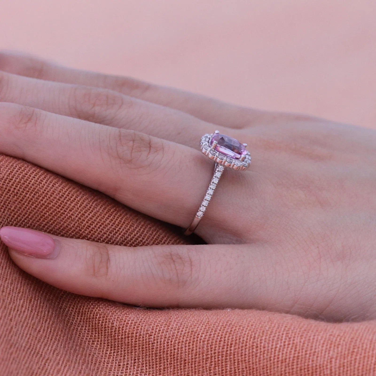 Large Cushion Natural Pink Sapphire Ring in 18k White Gold Halo Diamond, Size 6.25