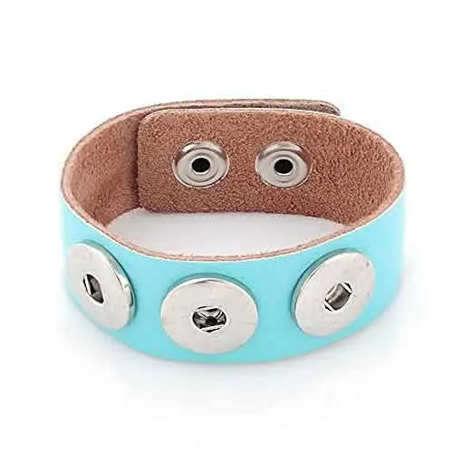 Light Blue Leather Copper Buckle Chunk Bracelets Fit Snaps Chunk Buttons 24cmx2.4cm