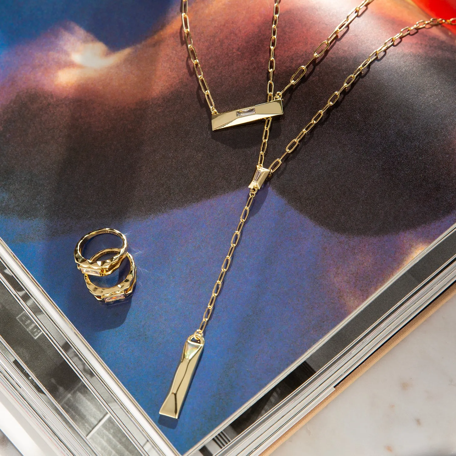link chain necklace with horizontal bar and cz charm