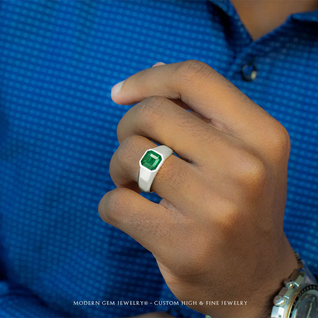 Men's Emerald Wedding Ring In White Gold