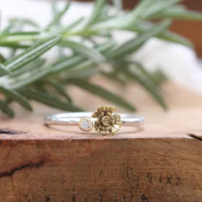 mixed metal 14k gold poppy and Diamond sterling silver stacking ring