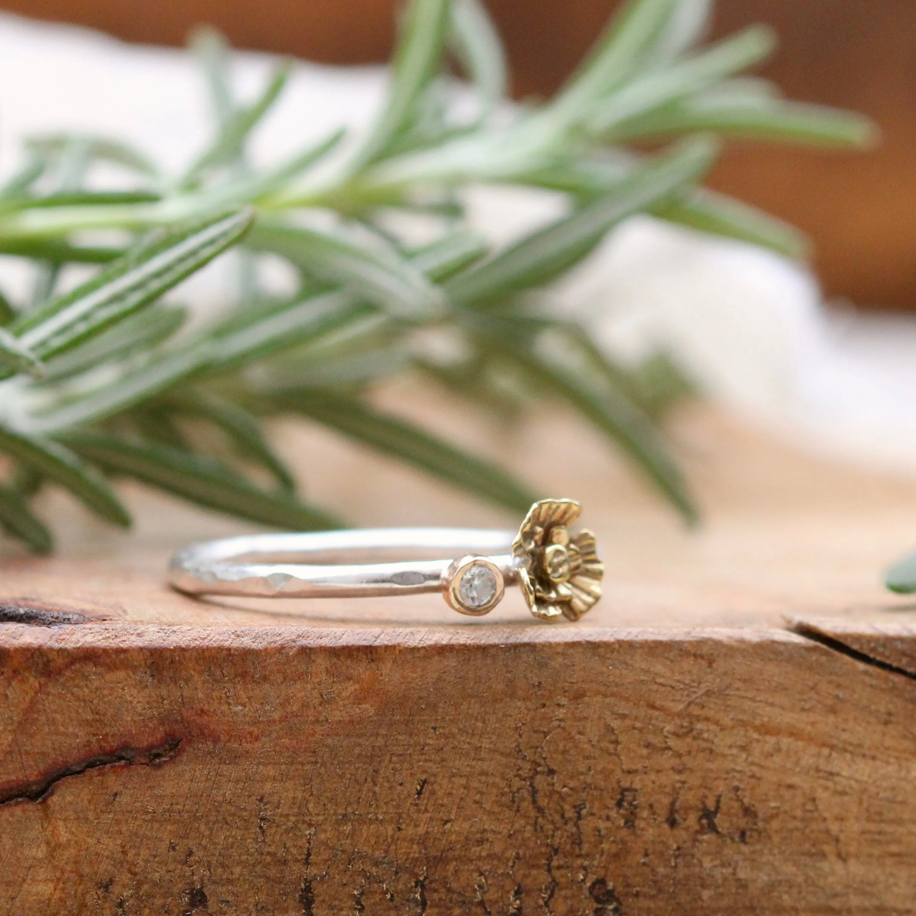 mixed metal 14k gold poppy and Diamond sterling silver stacking ring
