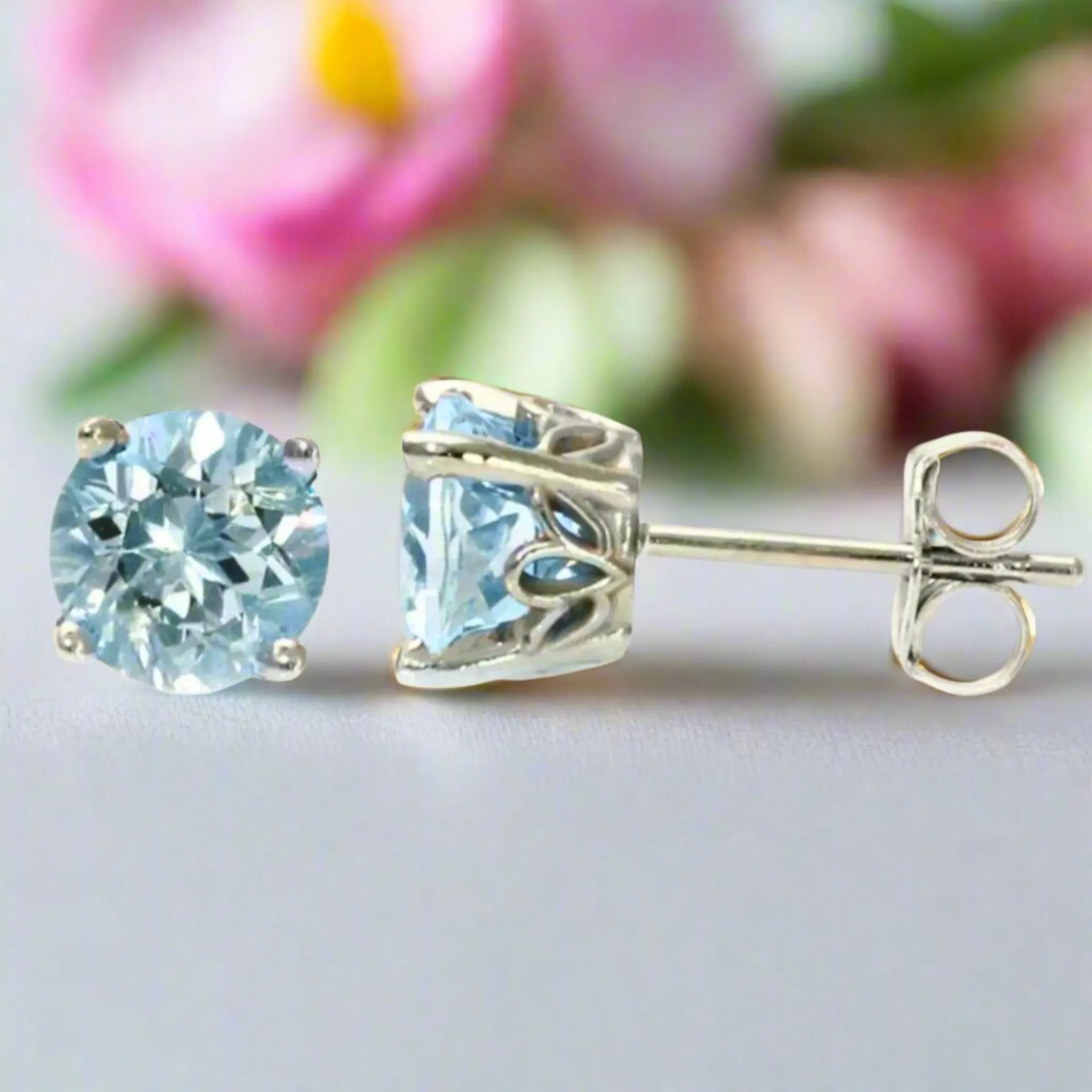 Natural Aquamarine Stud Earrings | 14K Gold