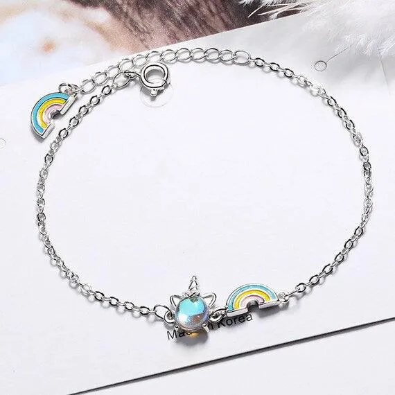 Opal Unicorn Charm Bracelet Rainbow Bracelets 925 Sterling Silver Bracelet For Women