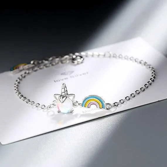 Opal Unicorn Charm Bracelet Rainbow Bracelets 925 Sterling Silver Bracelet For Women
