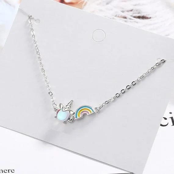 Opal Unicorn Charm Bracelet Rainbow Bracelets 925 Sterling Silver Bracelet For Women
