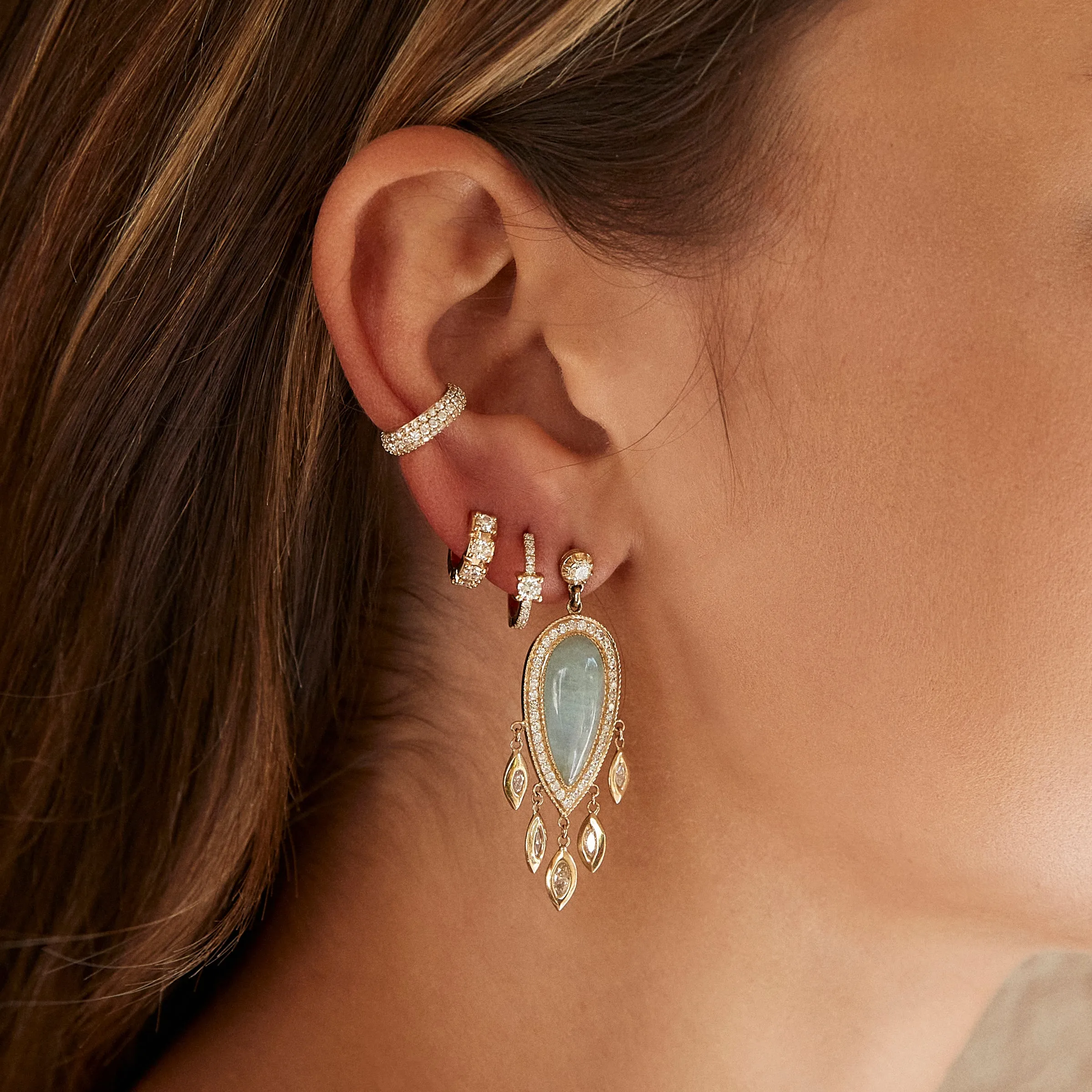 PAVE AQUAMARINE TEARDROP   MARQUISE DIAMOND SHAKERS DROP EARRINGS