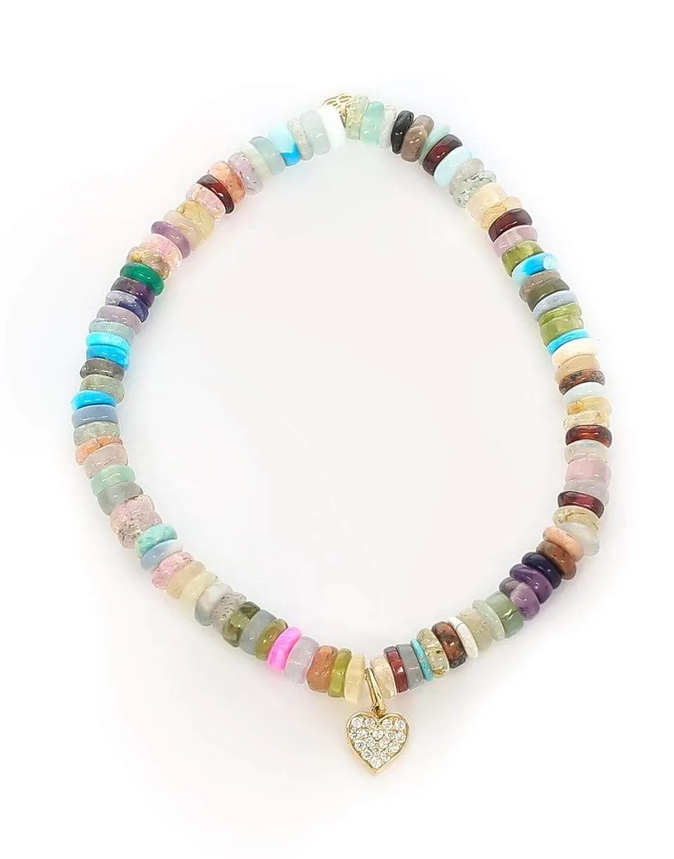Pave Diamond Heart Charm on Multi Opal Bracelet
