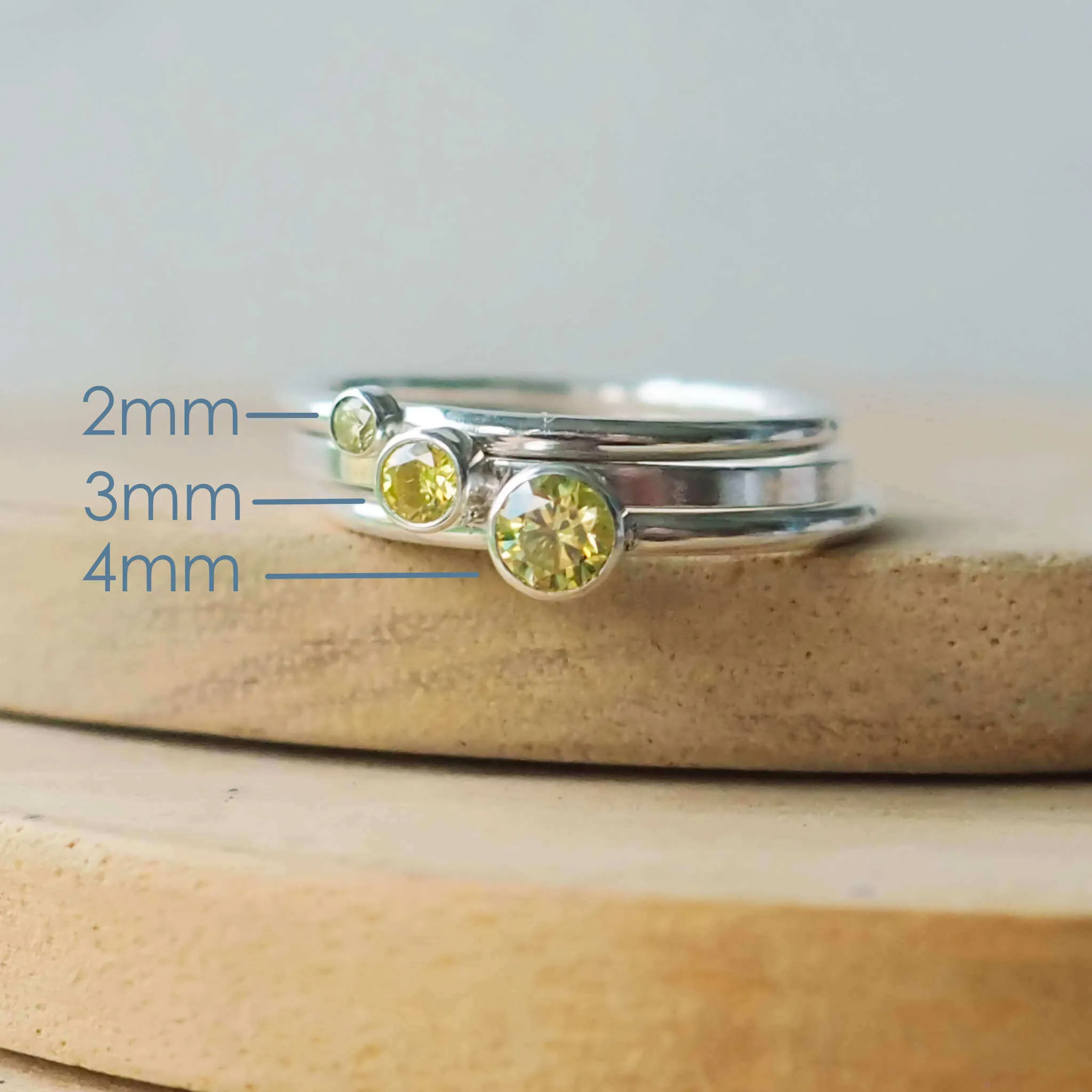 Peridot Silver Ring - 3mm Cubic Zirconia Gemstone