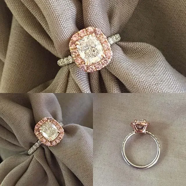 Pink Sapphire Halo Engagement Ring for Cushion Diamond