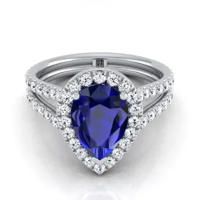 Platinum Pear Shape Center Sapphire Halo Two Row Pavé Diamond Split Shank Engagement Ring -7/8ctw