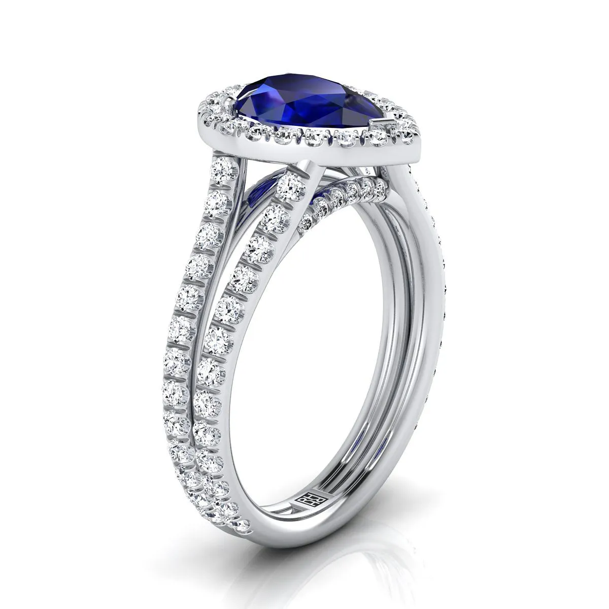 Platinum Pear Shape Center Sapphire Halo Two Row Pavé Diamond Split Shank Engagement Ring -7/8ctw